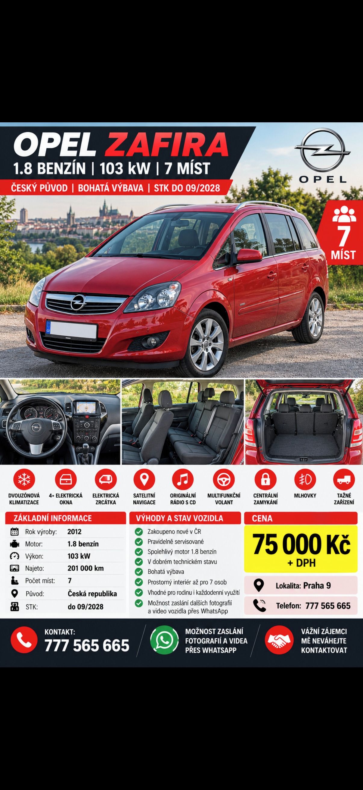 Opel Zafira, 1.8 BENZÍN |103 kW |7 MÍST | B - fotka 4
